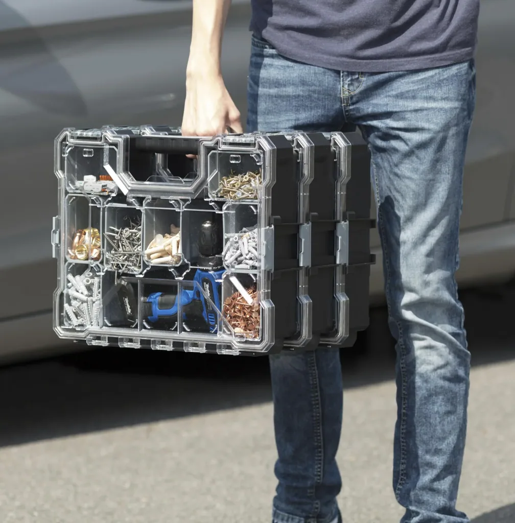 Assortment case with 12 interchangeable boxes