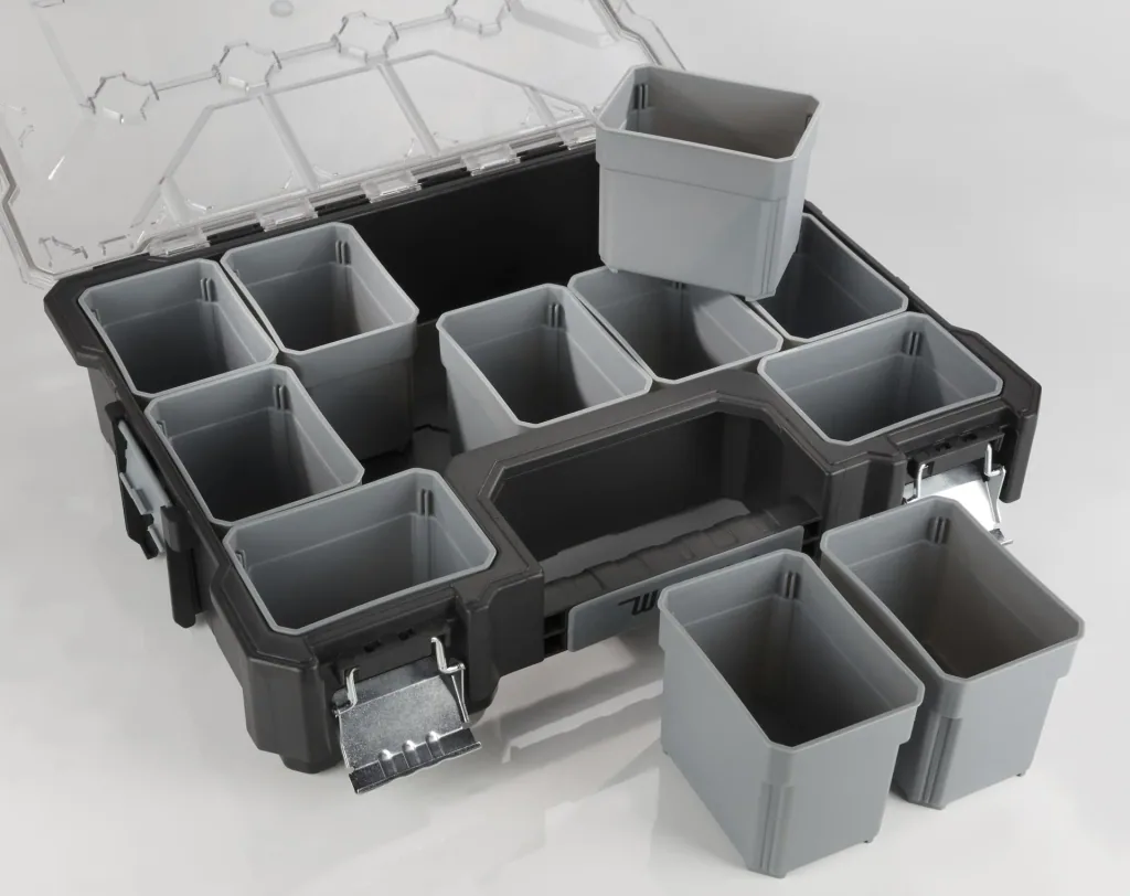 Assortment case with 12 interchangeable boxes