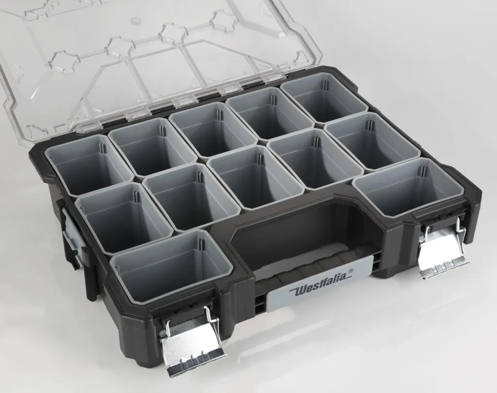 Assortment case with 12 interchangeable boxes