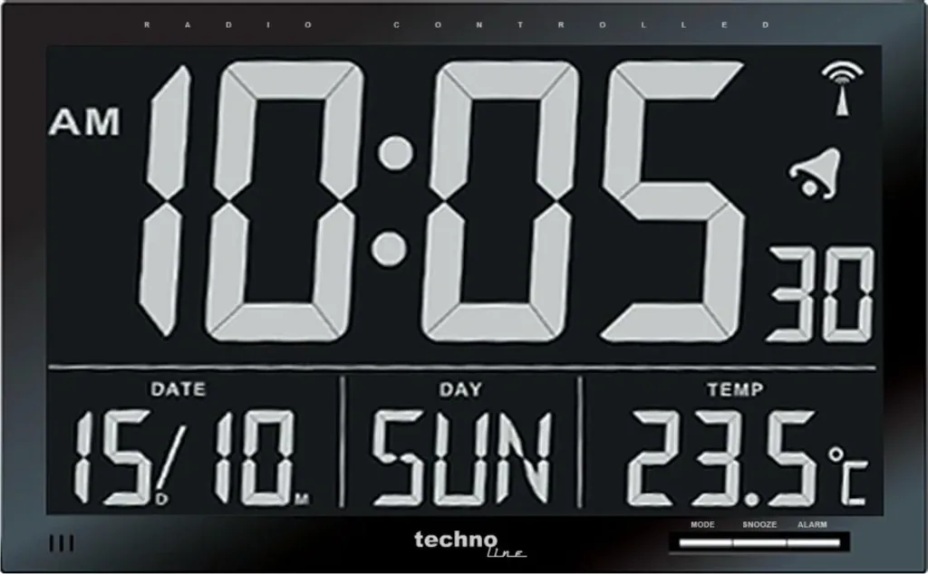 Digital XXL radio-controlled wall clock with indoor temperature display