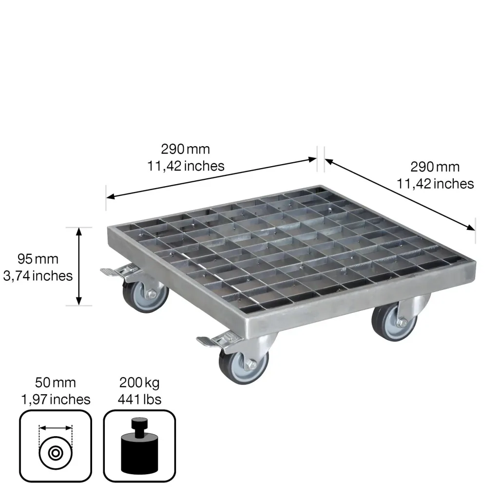 Multi Roller MR 7015, 29 x 29 x 9.5 cm, soft wheels Ø 50 mm, roller bearings, 2 brakes, grid, load capacity 200 kg