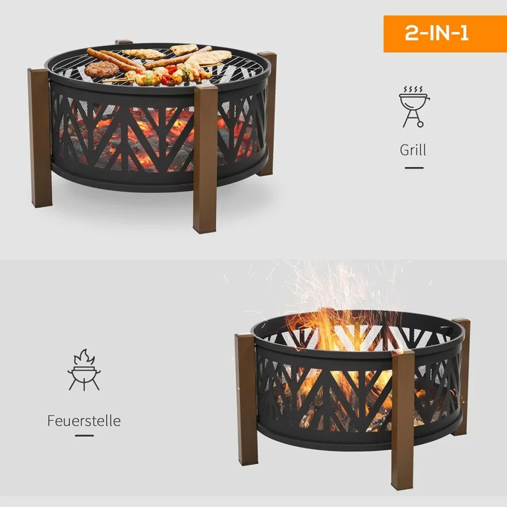 2-in-1 fire bowl fire basket fire pit with spark guard grill grate garden BBQ black+brown 78 x 60H cm