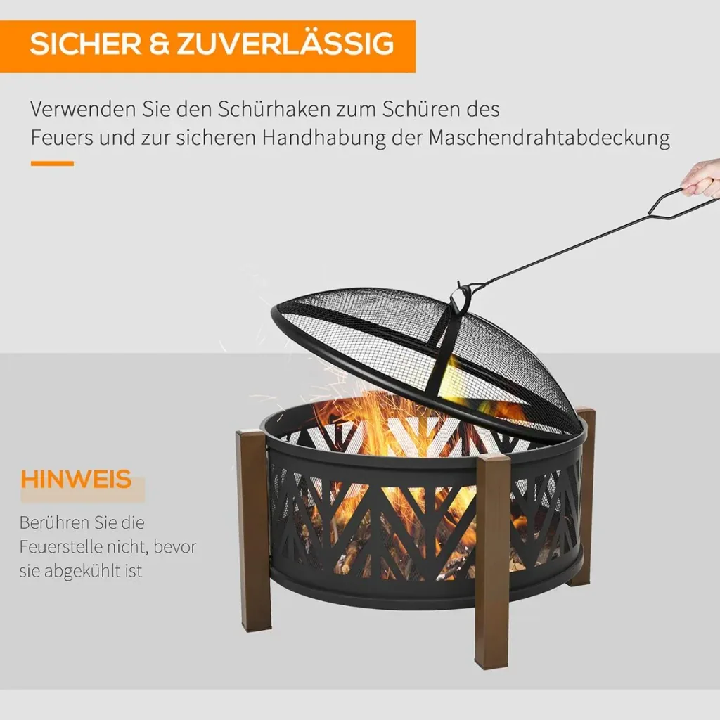 2-in-1 fire bowl fire basket fire pit with spark guard grill grate garden BBQ black+brown 78 x 60H cm