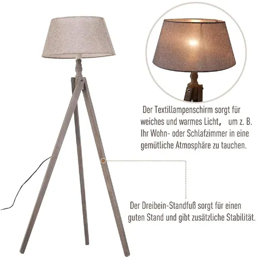 Floor lamp Tripod Scandinavian 40W wood + linen beige 52 x 52 x 146 cm
