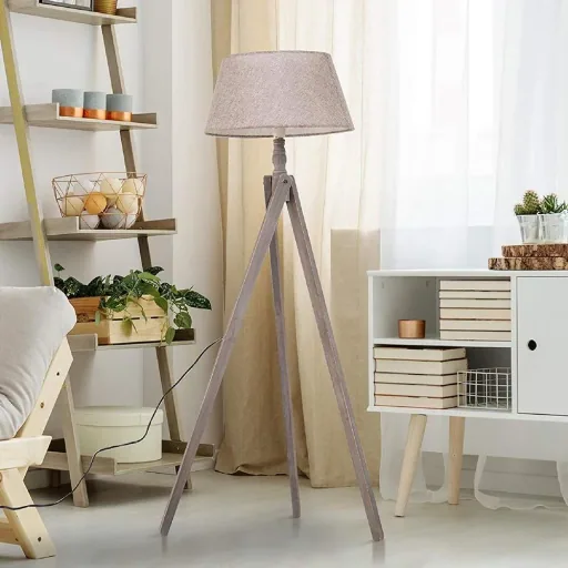 Floor lamp Tripod Scandinavian 40W wood + linen beige 52 x 52 x 146 cm