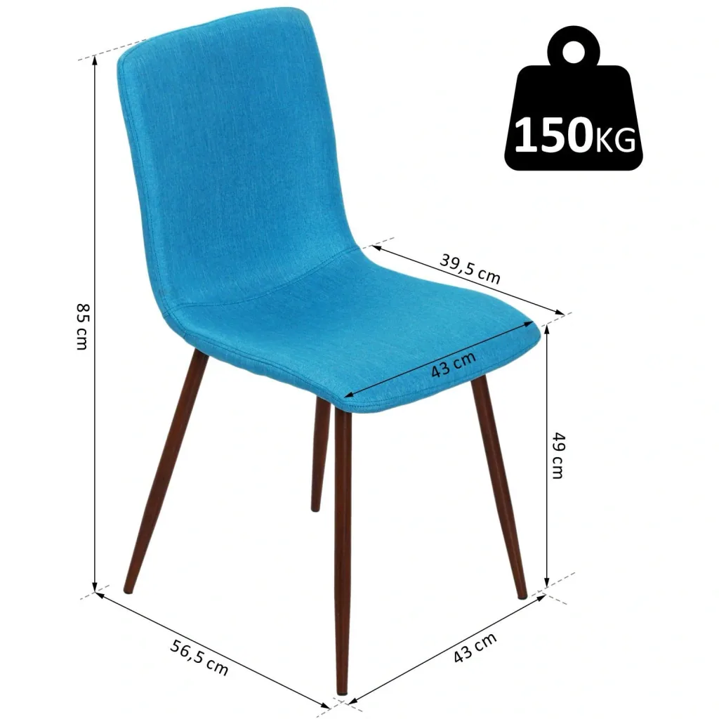 Set of 2 dining room chairs, kitchen chairs, living room chairs, upholstered chairs, linen cover, metal base, blue, 43 x 56.5 x 85 cm