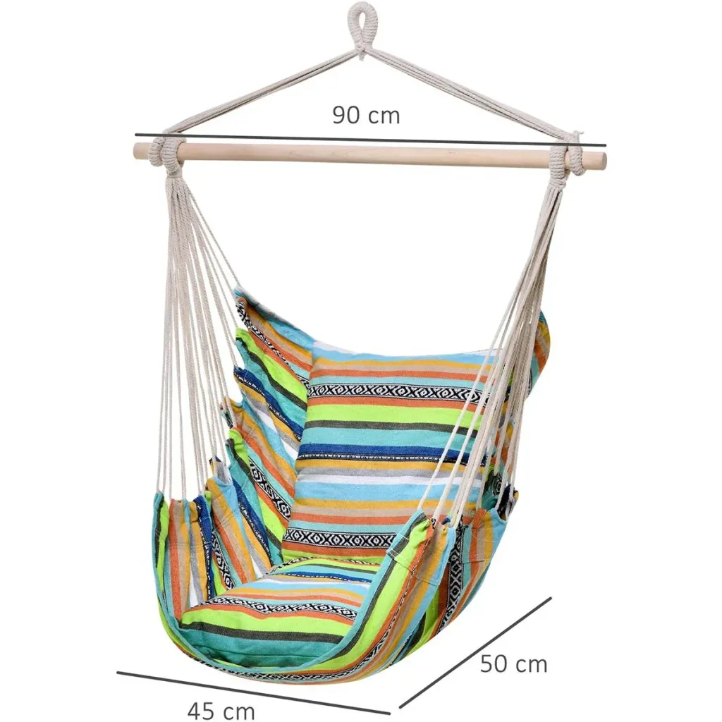 Hanging chair with two additional seat cushions, colorful striped