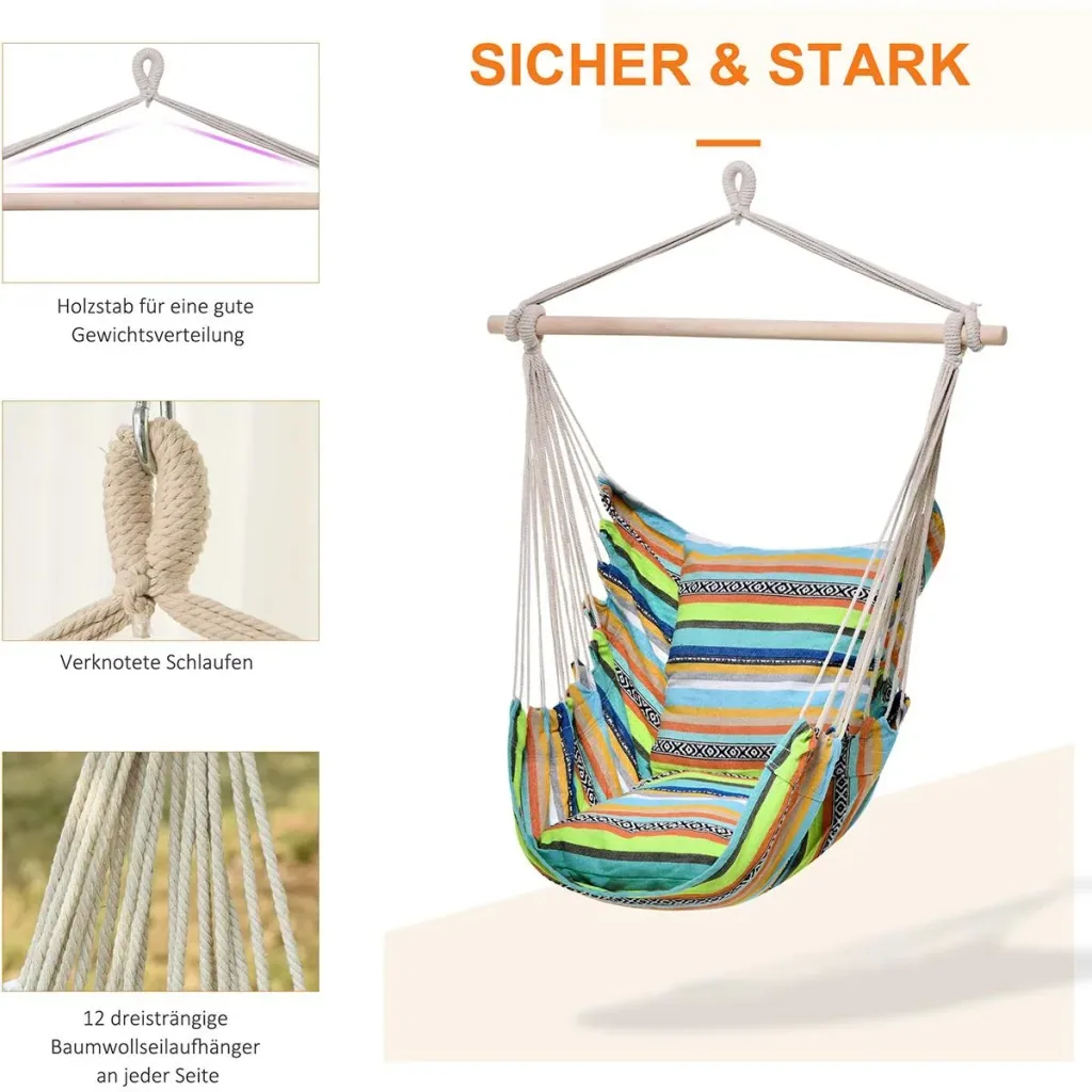 Hanging chair with two additional seat cushions, colorful striped