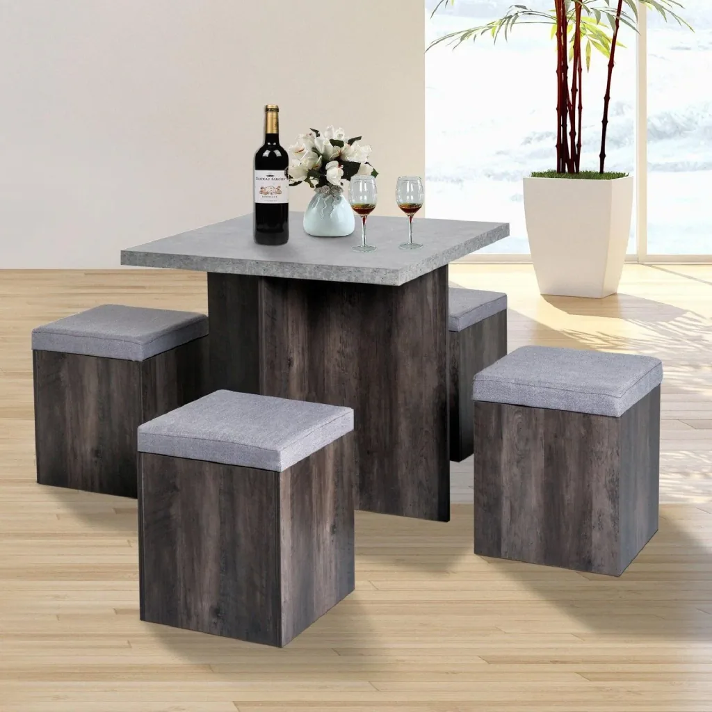 Dining table set with 4 stools grey 80x80cm