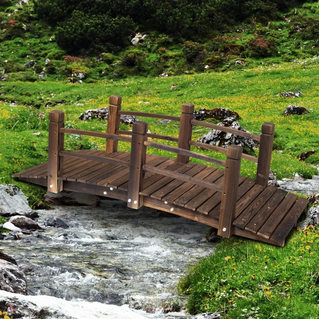 Garden bridge wooden bridge wooden walkway pond bridge decorative bridge with railing up to 180 kg fir wood dark brown 152.5 x 67 x 48 c