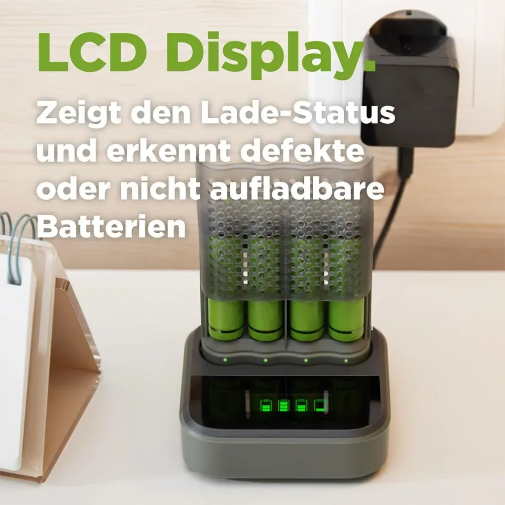 USB fast charger with docking station, LCD charge level display for 4 AA / AAA NiMH batteries including 4 ReCyko (AA) 2600mA