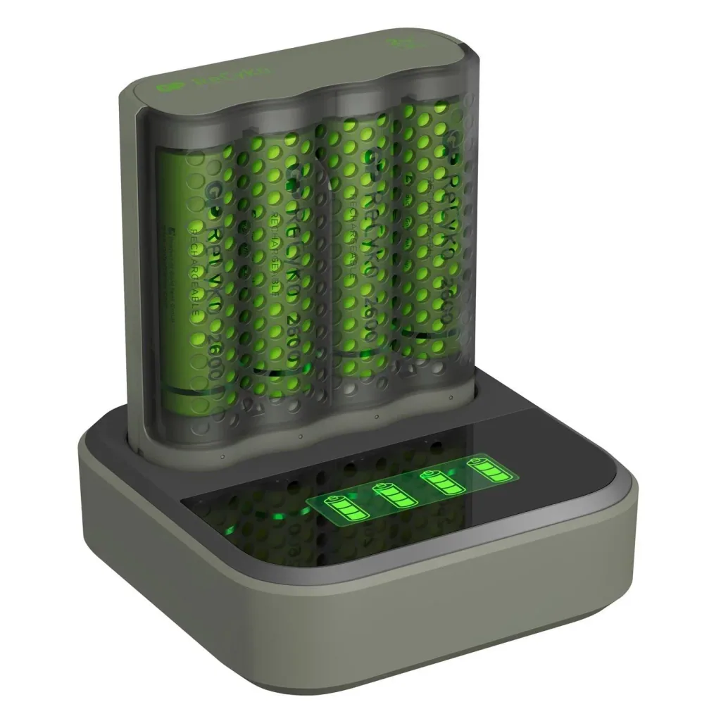 USB fast charger with docking station, LCD charge level display for 4 AA / AAA NiMH batteries including 4 ReCyko (AA) 2600mA