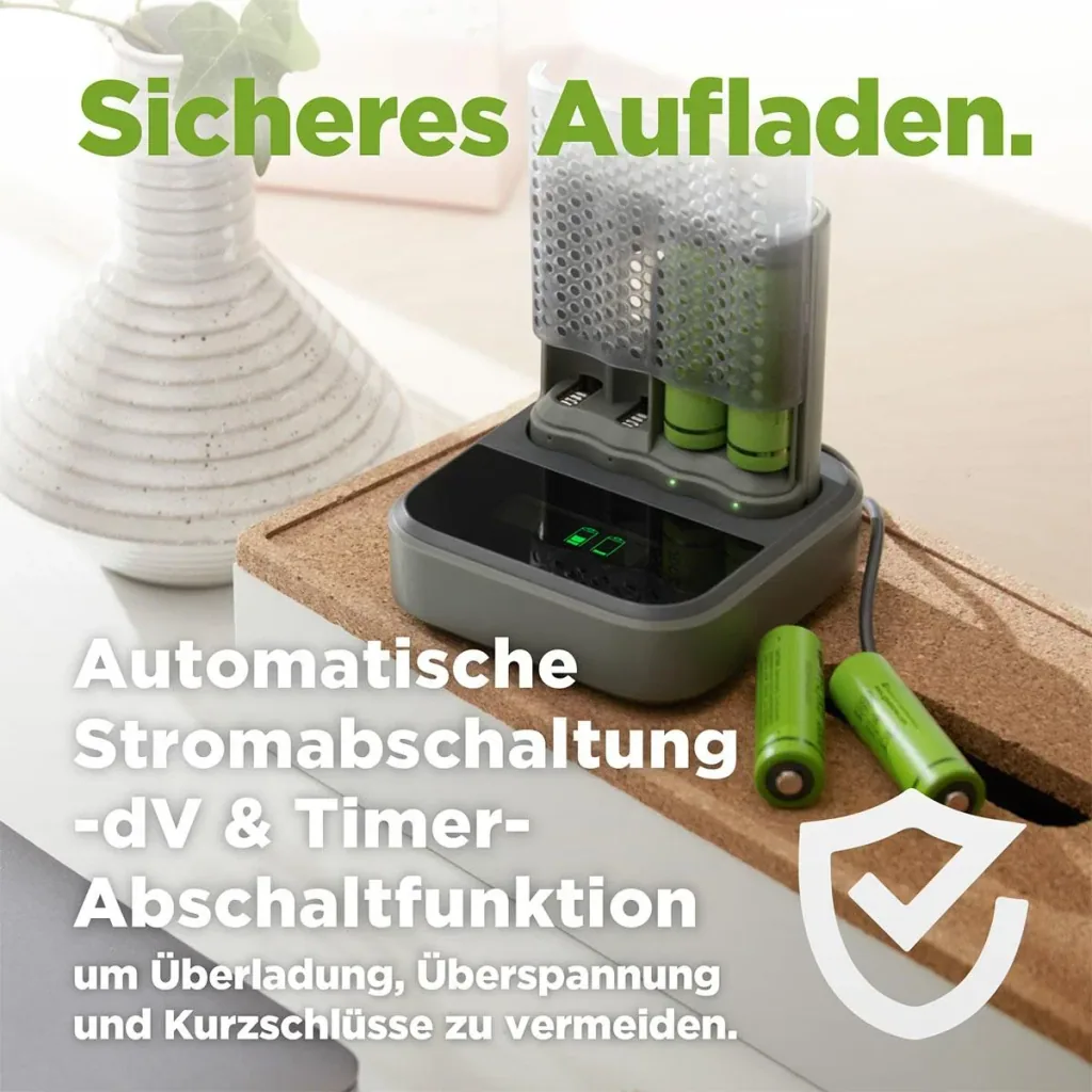 USB fast charger with docking station, LCD charge level display for 4 AA / AAA NiMH batteries including 4 ReCyko (AA) 2600mA