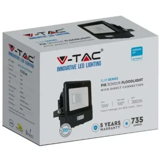 VT-118S LED Floodlight with Sensor - 10 W - 735 Lm - 3000K - Black