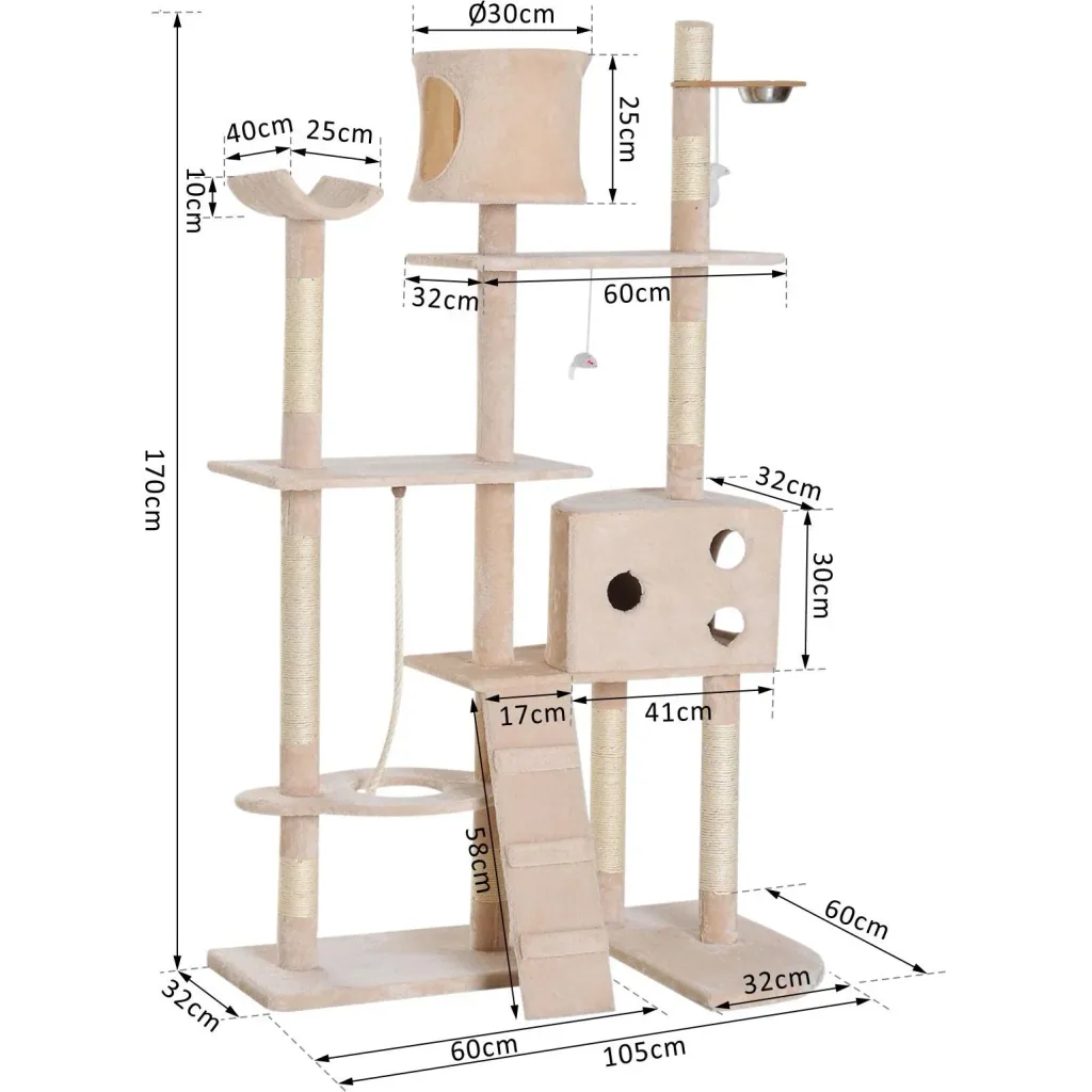 Scratching post, cat tree, climbing tree, feeding bowl, ladder, beige, L150 x W60 x H170 cm