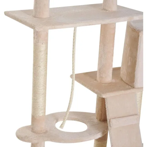 Scratching post, cat tree, climbing tree, feeding bowl, ladder, beige, L150 x W60 x H170 cm