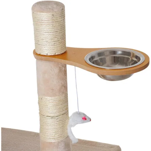 Scratching post, cat tree, climbing tree, feeding bowl, ladder, beige, L150 x W60 x H170 cm