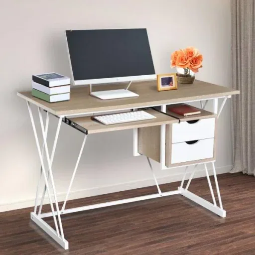 Computer desk PC table work table with keyboard pull-out drawer oak+white 110 x 55 x 76 cm