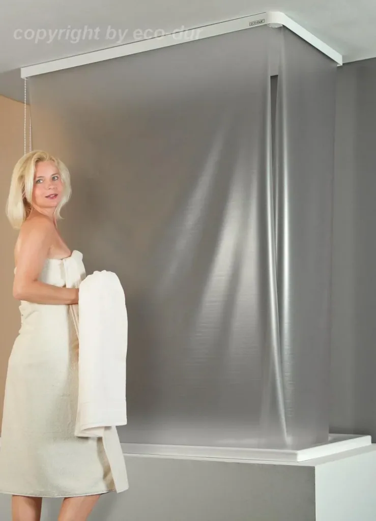 Cassette corner shower blind "Drops white", 137 x 62 cm