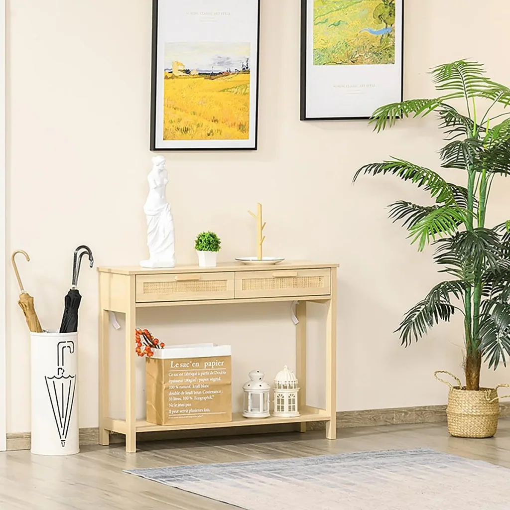 Console table side table rattan design with 2 drawers sideboard entrance MDF chipboard 100 x 30 x 76 cm