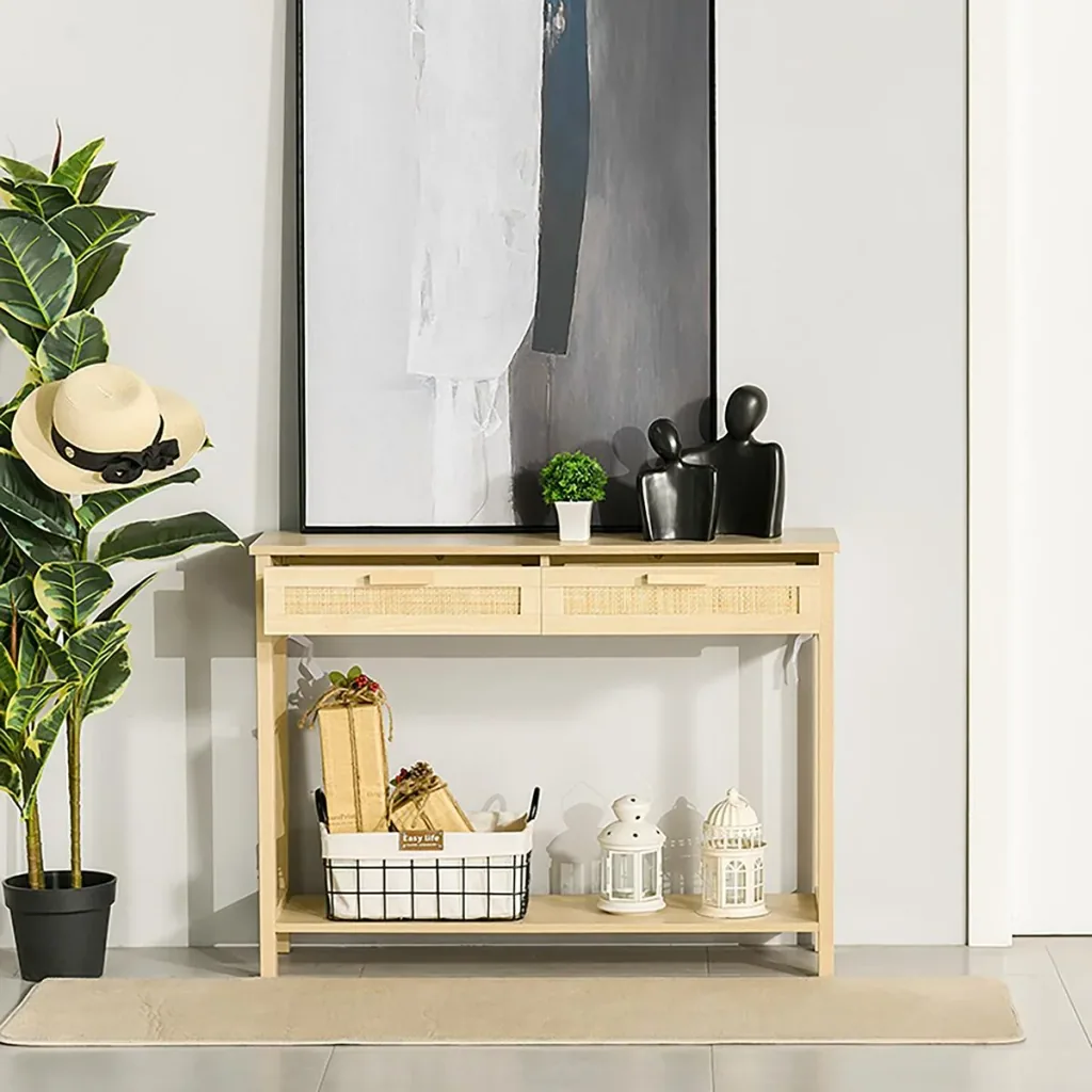 Console table side table rattan design with 2 drawers sideboard entrance MDF chipboard 100 x 30 x 76 cm