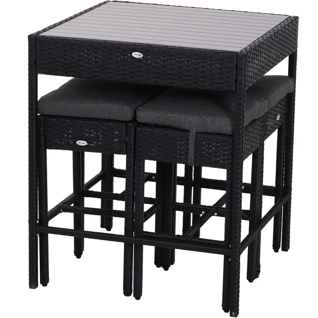 5-piece dining set, seating group, dining table, bistro table, bar table, garden table, metal + polyrattan, black with 1 table + 4 chairs