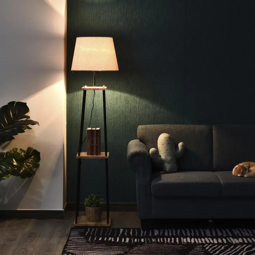Floor lamp with 2 shelves natural/black/beige