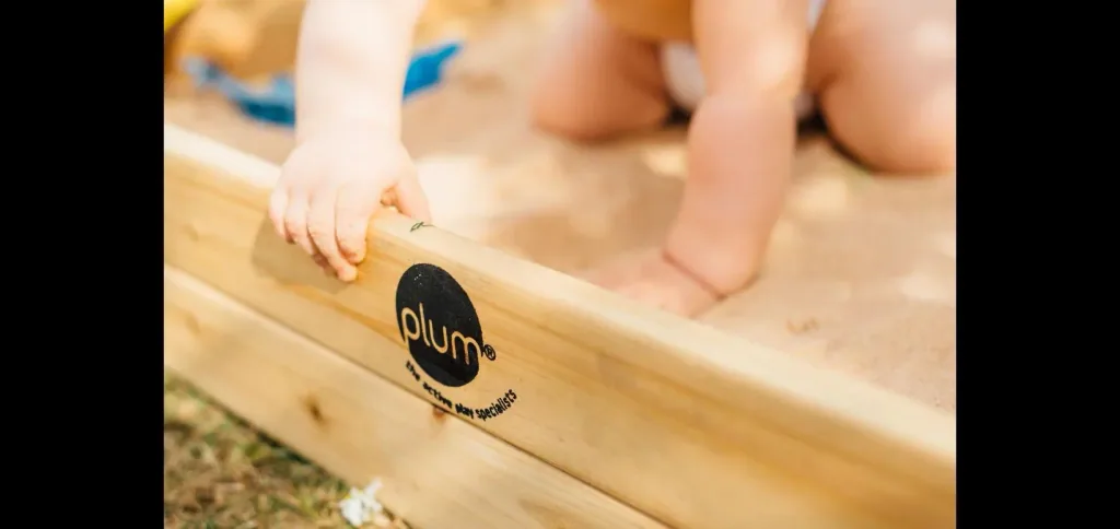 Wooden sandpit with storage box, outdoor sandpit for children made of wood, bench, seating area, colorful