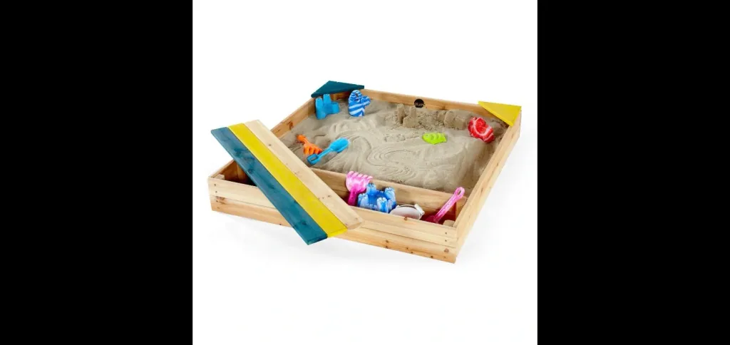 Wooden sandpit with storage box, outdoor sandpit for children made of wood, bench, seating area, colorful