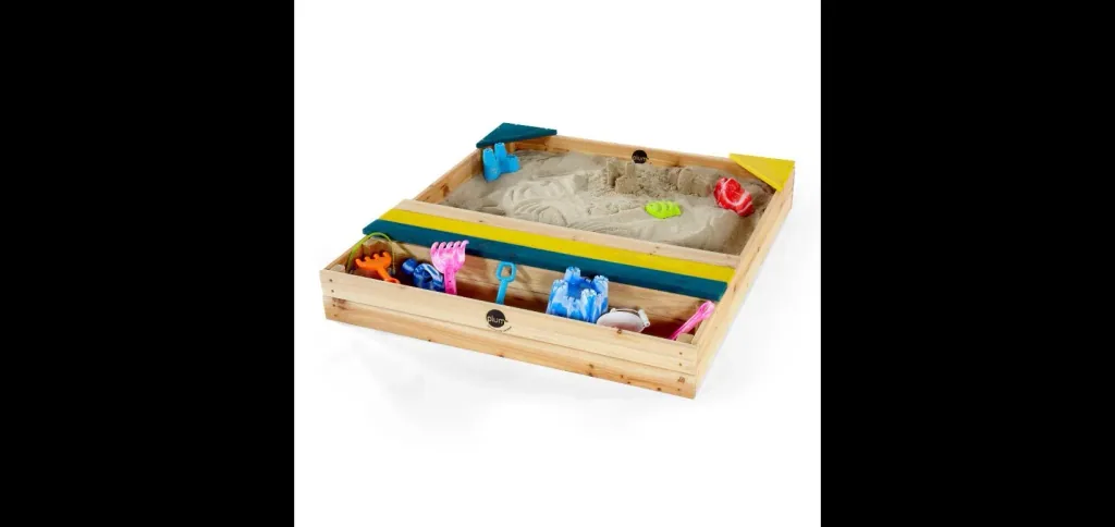 Wooden sandpit with storage box, outdoor sandpit for children made of wood, bench, seating area, colorful