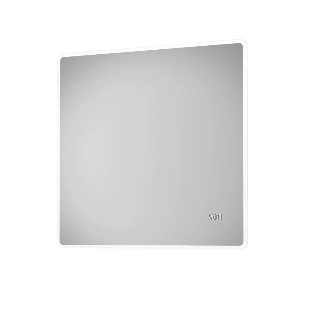 Bathroom mirror with lighting, "Sun" - 80 x 70 cm - Light frame - Light color neutral white - Digital clock
