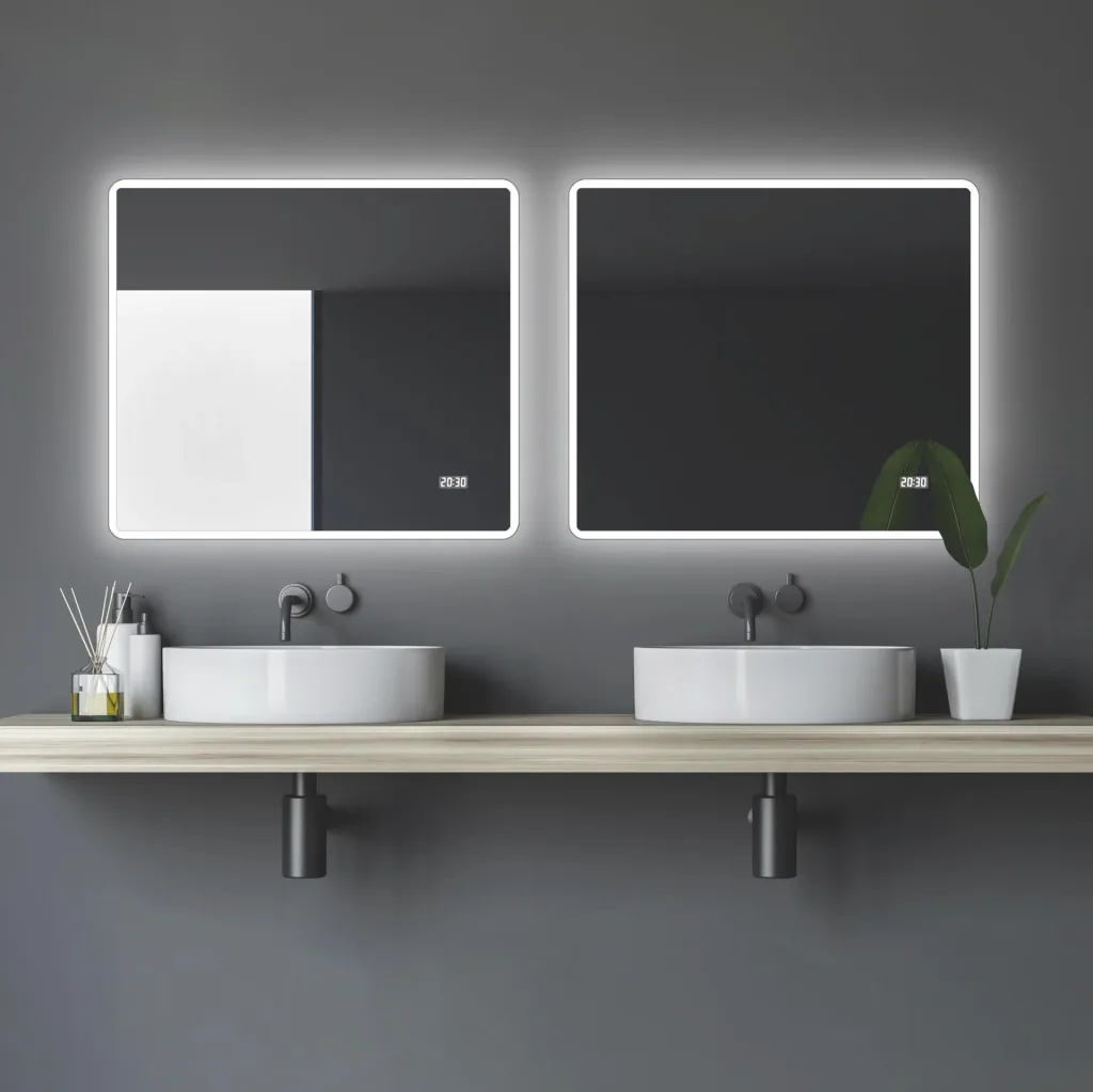 Bathroom mirror with lighting, "Sun" - 80 x 70 cm - Light frame - Light color neutral white - Digital clock
