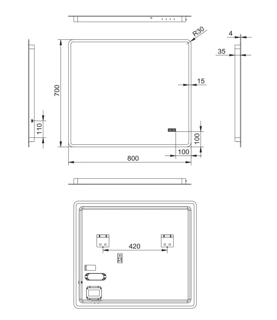 Bathroom mirror with lighting, "Sun" - 80 x 70 cm - Light frame - Light color neutral white - Digital clock