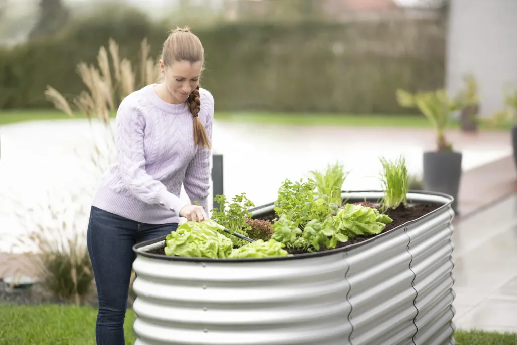 Verhoogde moestuinbak Grow Faster, 240×80×82 cm, zilver – metaal van gegalvaniseerd golfplaat