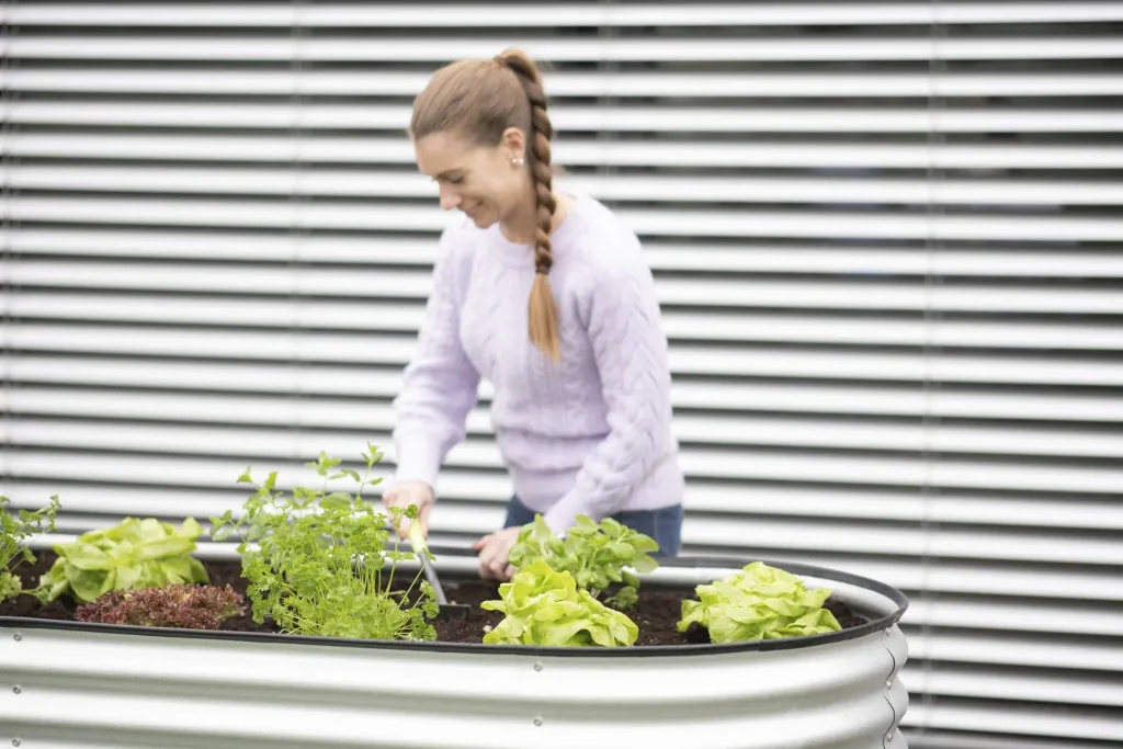 Verhoogde moestuinbak Grow Faster, 240×80×82 cm, zilver – metaal van gegalvaniseerd golfplaat