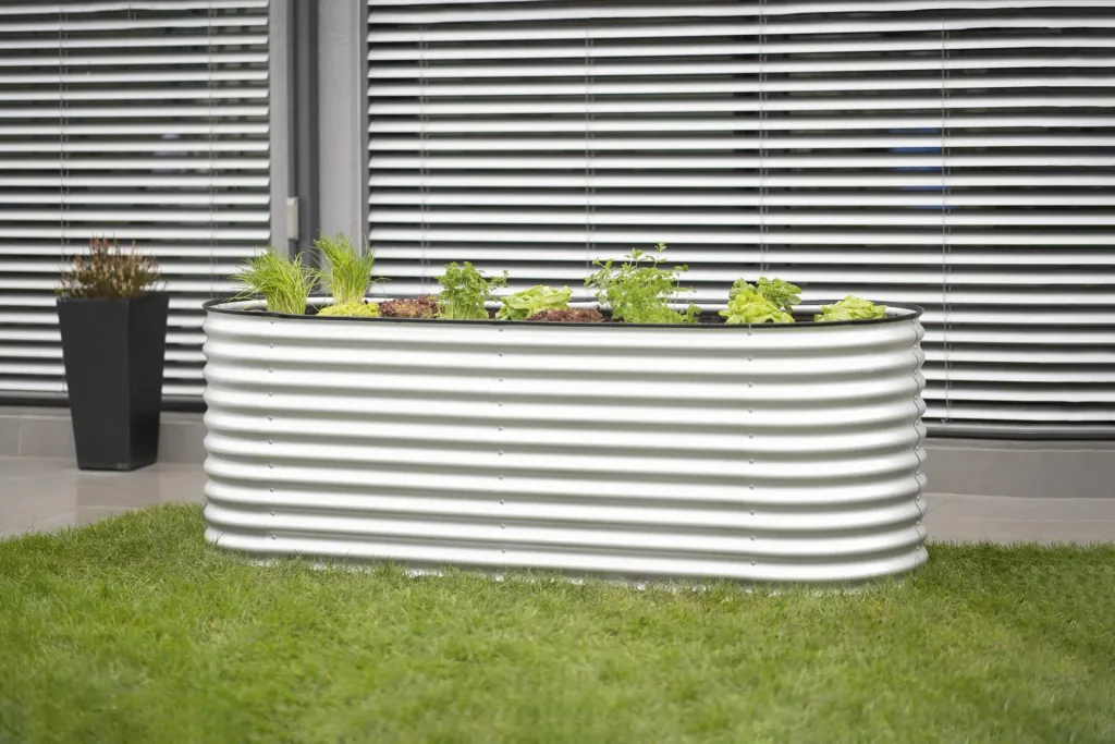 Verhoogde moestuinbak Grow Faster, 240×80×82 cm, zilver – metaal van gegalvaniseerd golfplaat