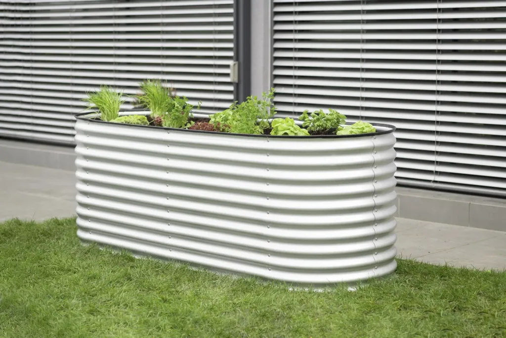 Verhoogde moestuinbak Grow Faster, 240×80×82 cm, zilver – metaal van gegalvaniseerd golfplaat