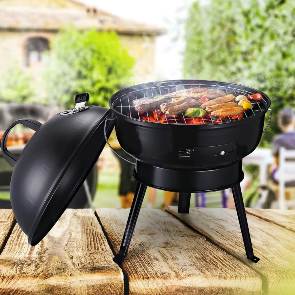 Kettle grill charcoal grill windbreak tripod base camping picnic portable metal black Ø36.5 x 54 cm charcoal grill Gri