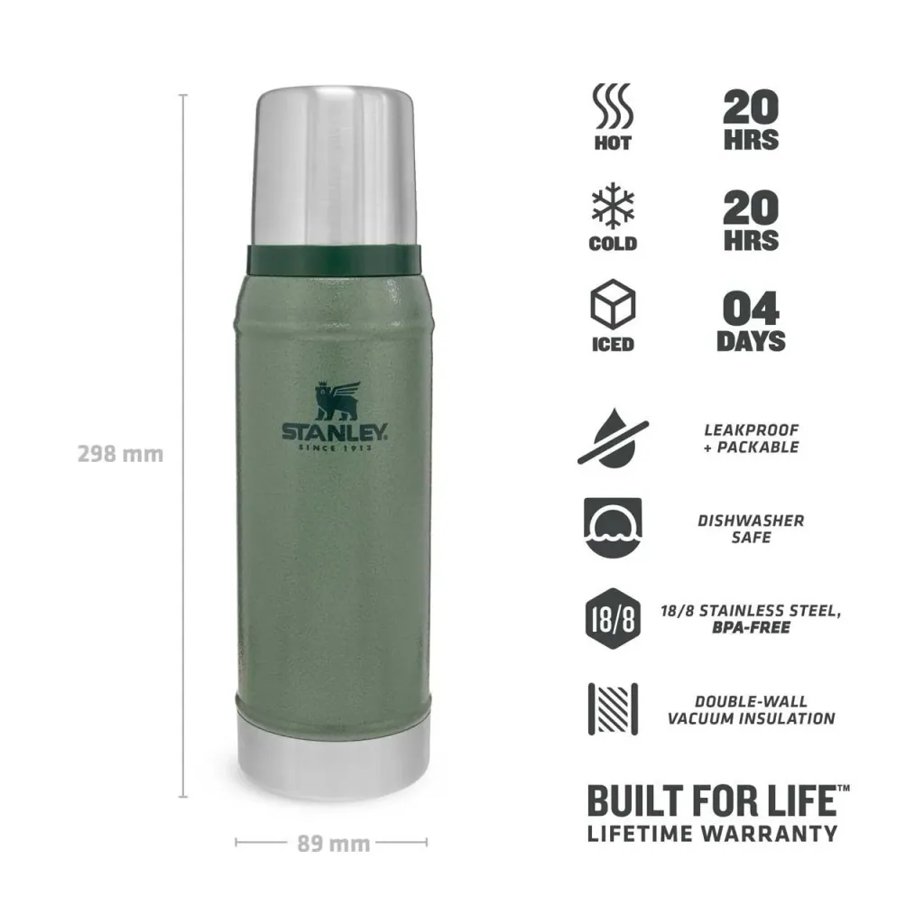 Classic vacuum bottle 0.75 l, Hammertone green, double-walled vacuum insulation, drinking cup