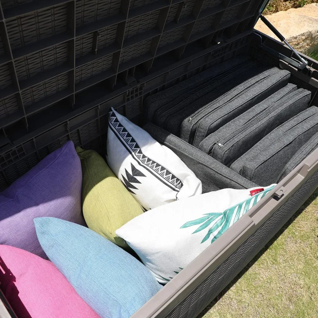 2-in-1 garden chest in rattan look grey