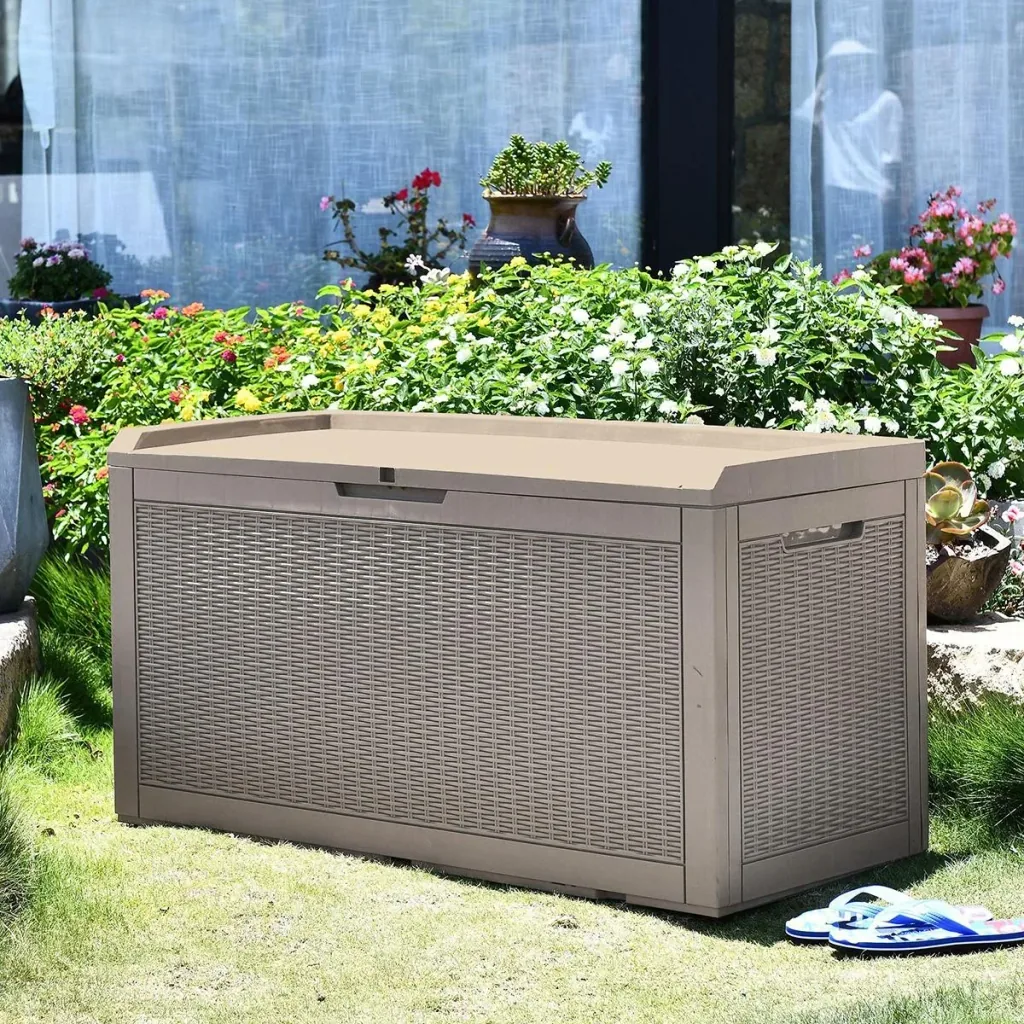 2-in-1 garden chest in rattan look grey