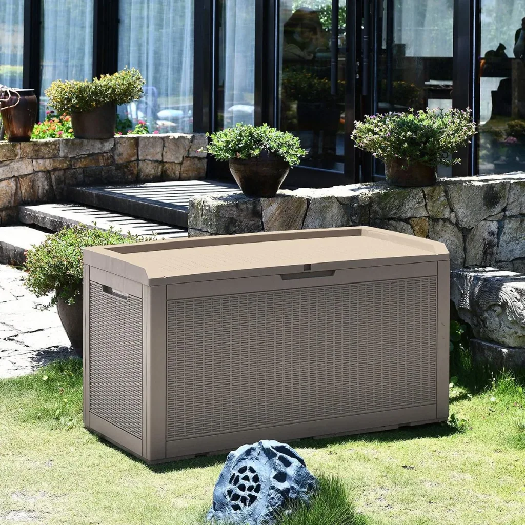 2-in-1 garden chest in rattan look grey