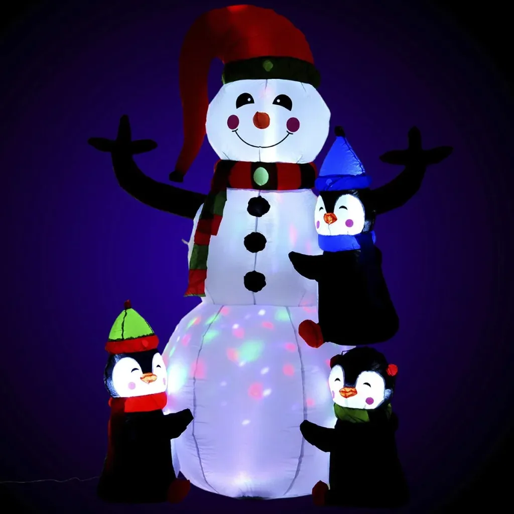 Inflatable LED snowman with 3 penguins colorful
