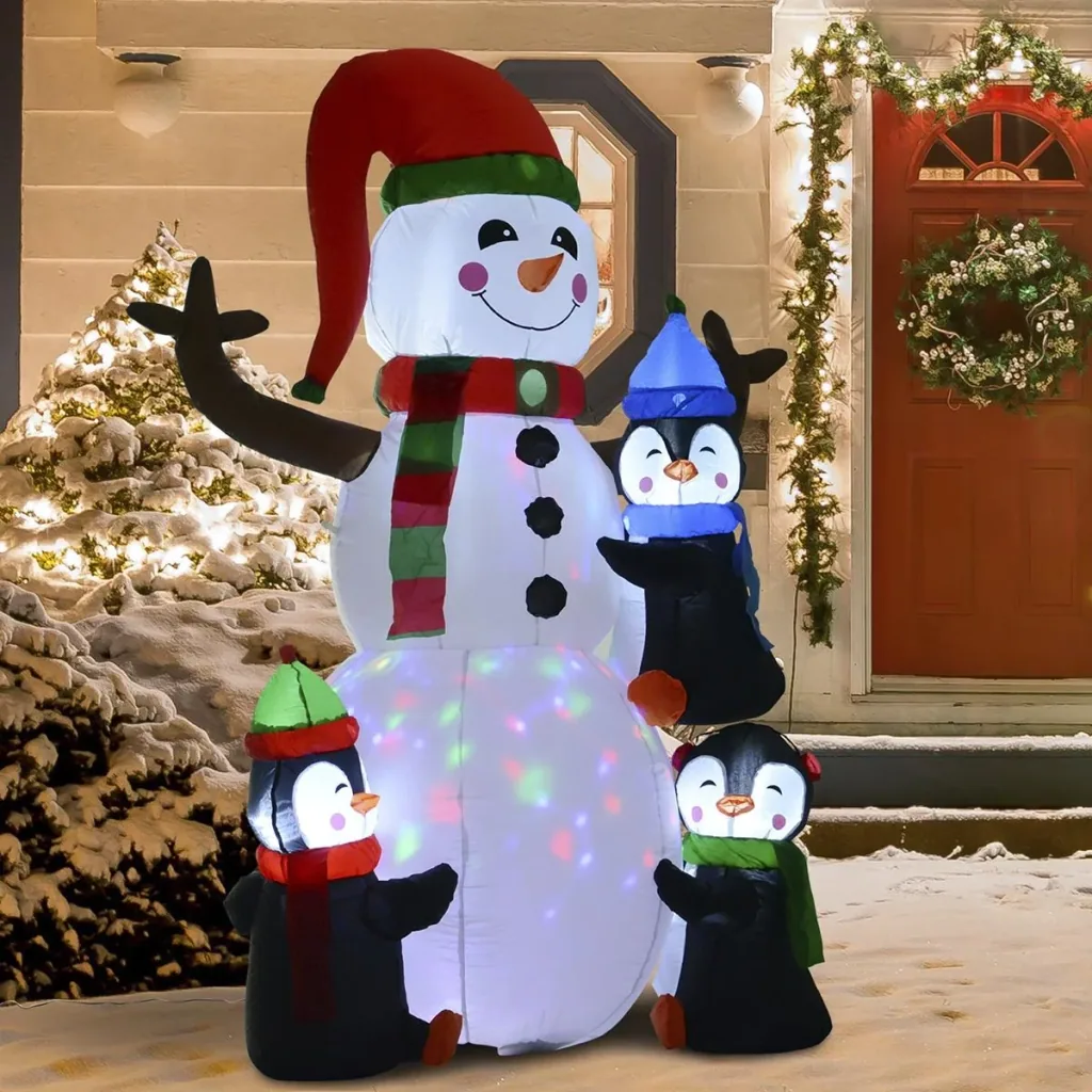 Inflatable LED snowman with 3 penguins colorful