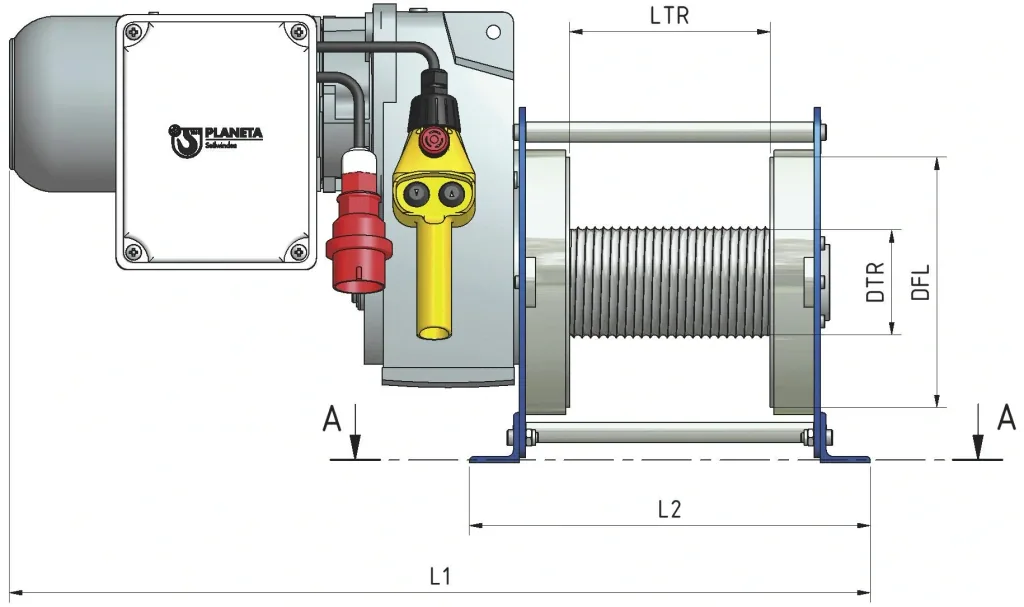 Electric cable winch PFW-C 500 ready for use, max. 500 kg (1st layer), 400V, 50 m cable, IP55, hoist winch for material transport