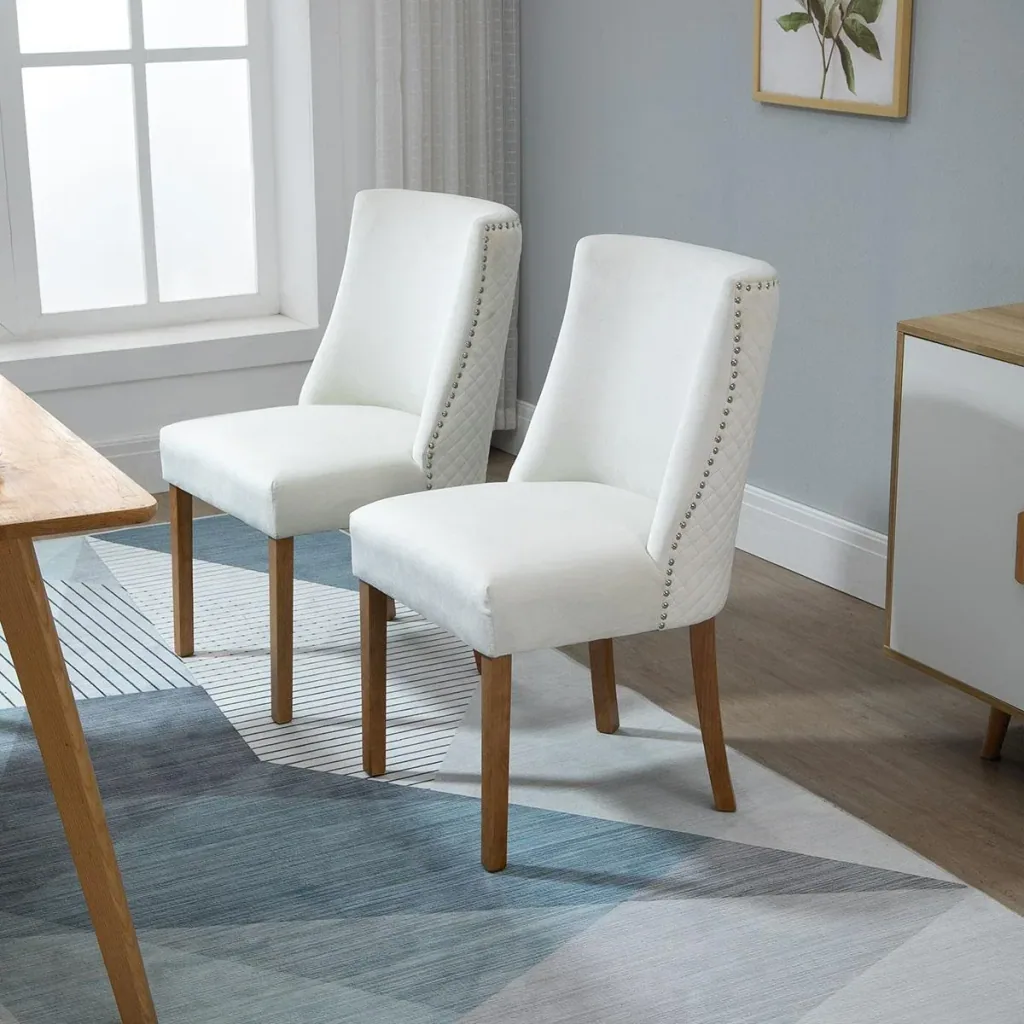 Set of 2 dining room chairs, kitchen chairs, upholstered chairs with backrest, upholstered armchair, faux leather armchair, wooden legs, cream white, 49x6