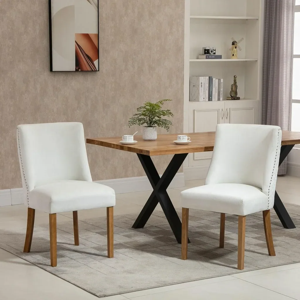 Set of 2 dining room chairs, kitchen chairs, upholstered chairs with backrest, upholstered armchair, faux leather armchair, wooden legs, cream white, 49x6
