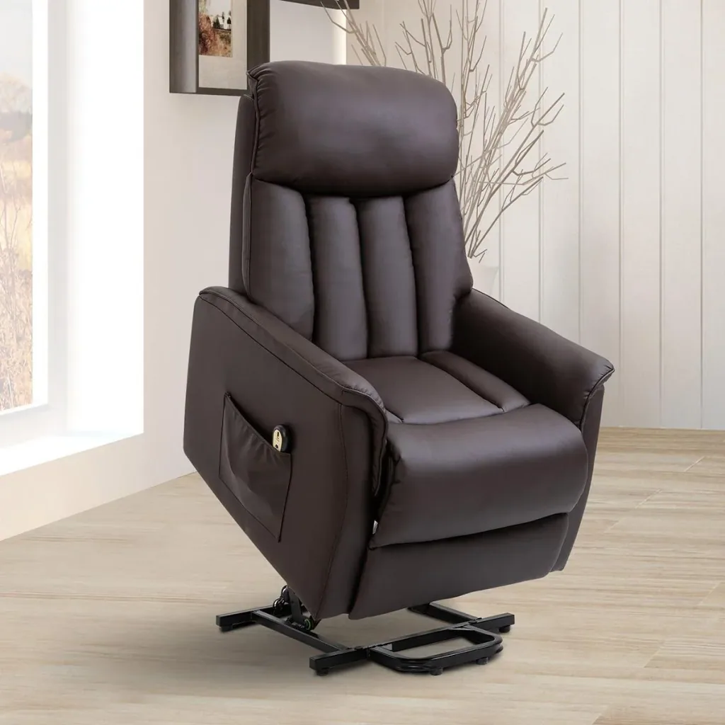 Riser chair TV chair with electric riser and reclining function, faux leather, brown, 80 x 94 x 104 cm
