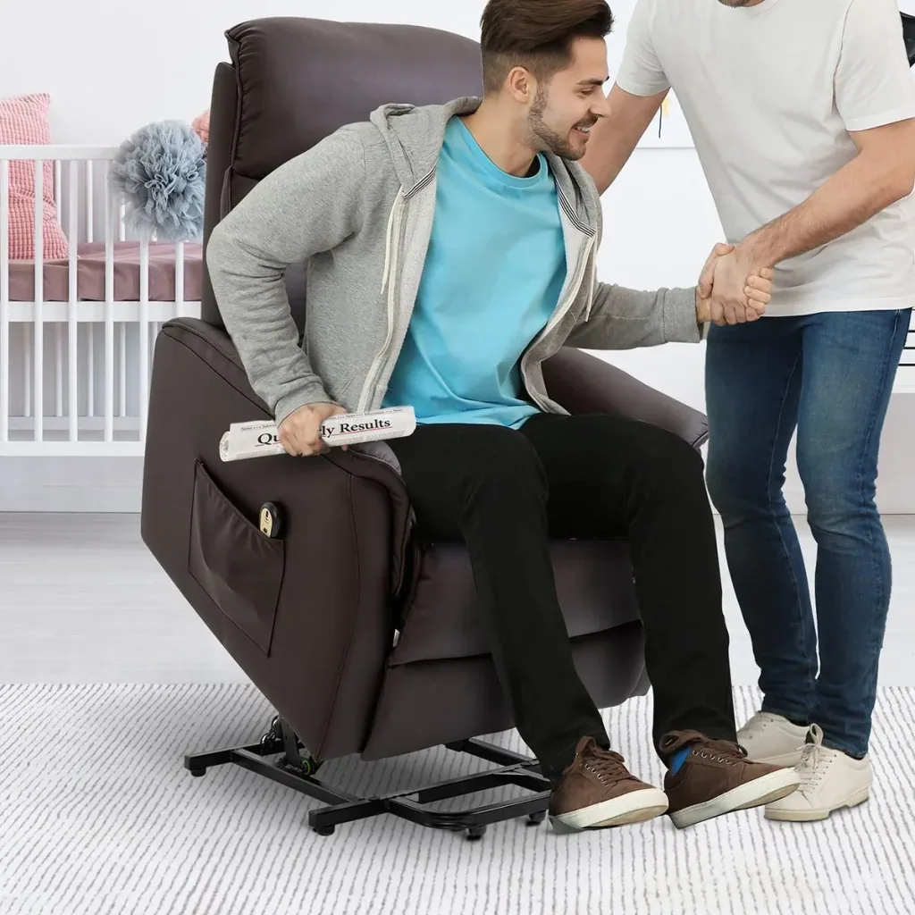 Riser chair TV chair with electric riser and reclining function, faux leather, brown, 80 x 94 x 104 cm