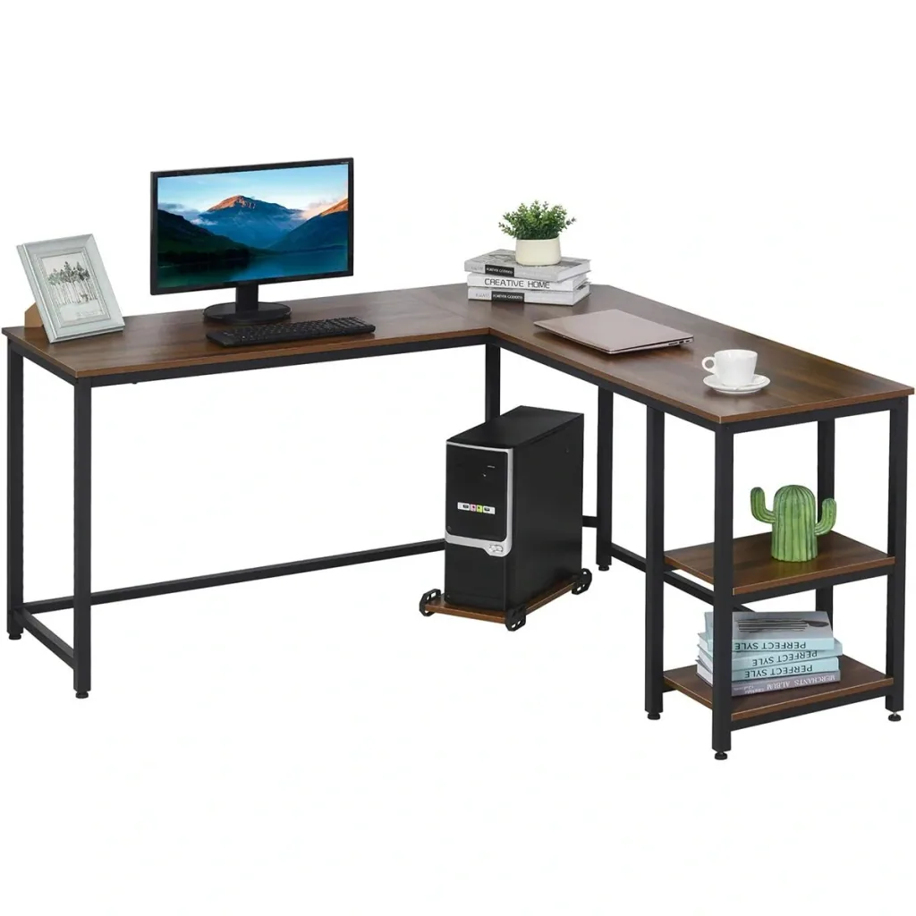 Computer Desk, L-Shaped Corner Desk, Writing Desk, Office Table, MDF+Steel, Walnut+Black, 150 x 150 x 76 cm